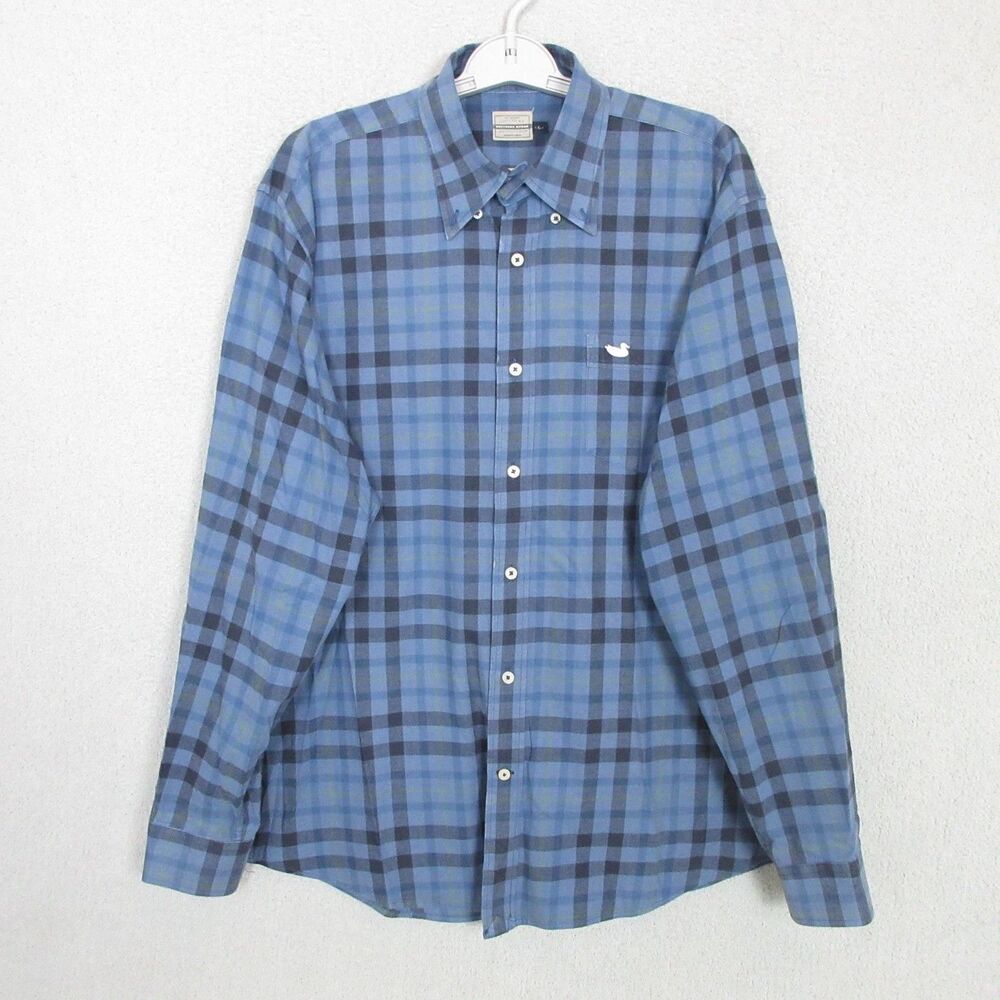 Southern Marsh Shirt Mens L Blue Plaid Long Sleeve Button Down Cotton Pocket